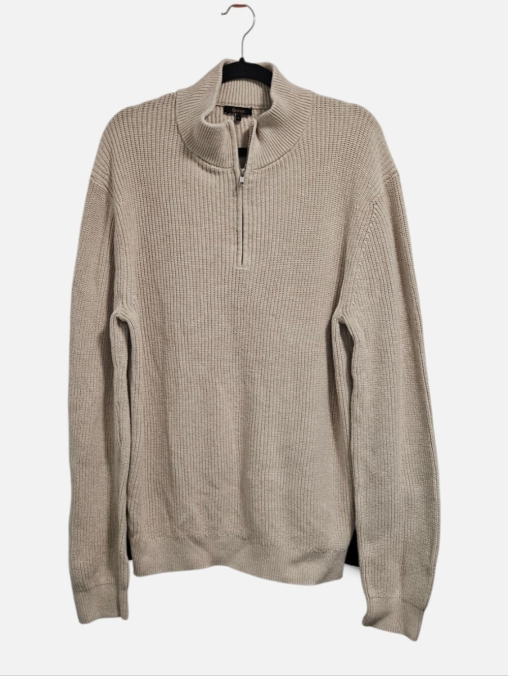 Quince Men's Quarter Zip Sweater Large Oatmeal Chunky Knit Pullover Old Money